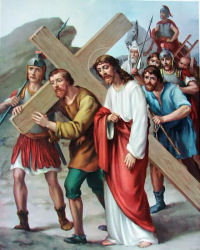 Simon of Cyrene helps Jesus